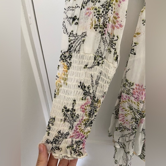 Free People White Sheer Floral Puff Long Sleeve Collared Button Up Flowy Dress - Picture 8 of 15